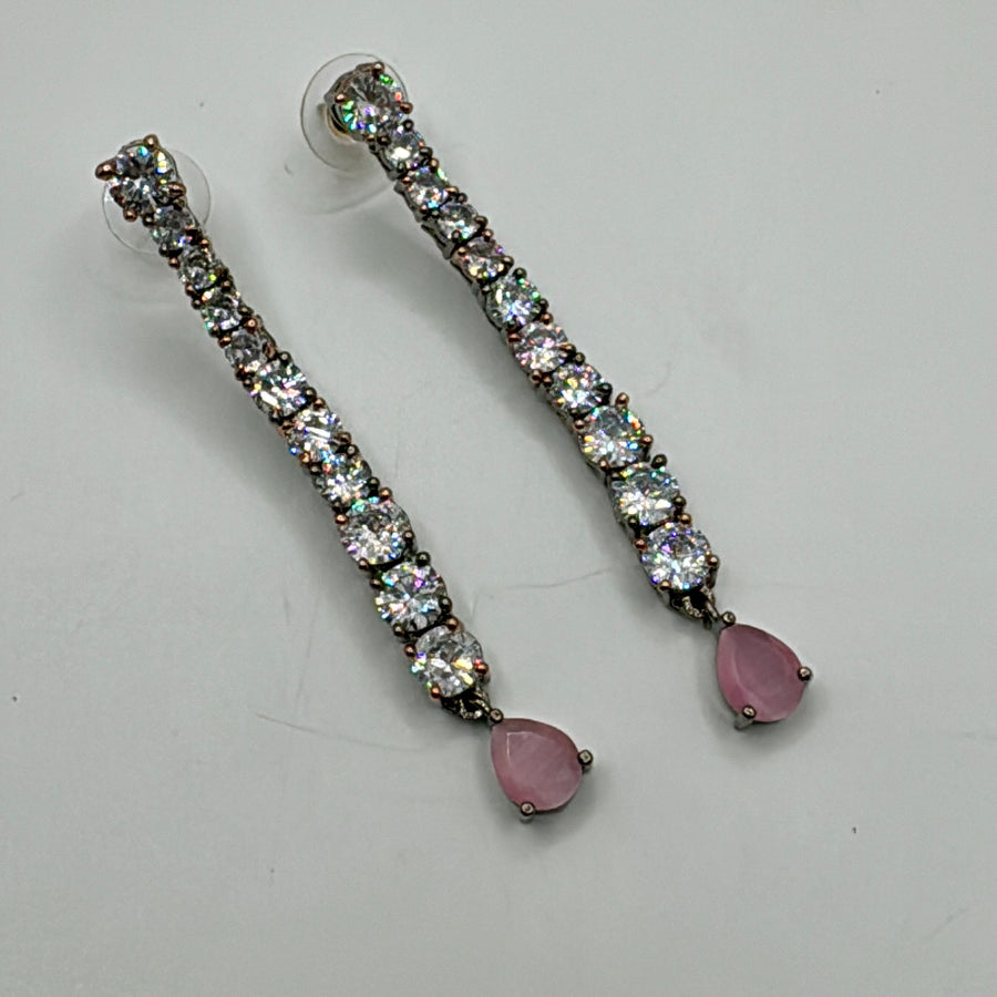 Pink American Diamonds Long Dainty Drop Earrings