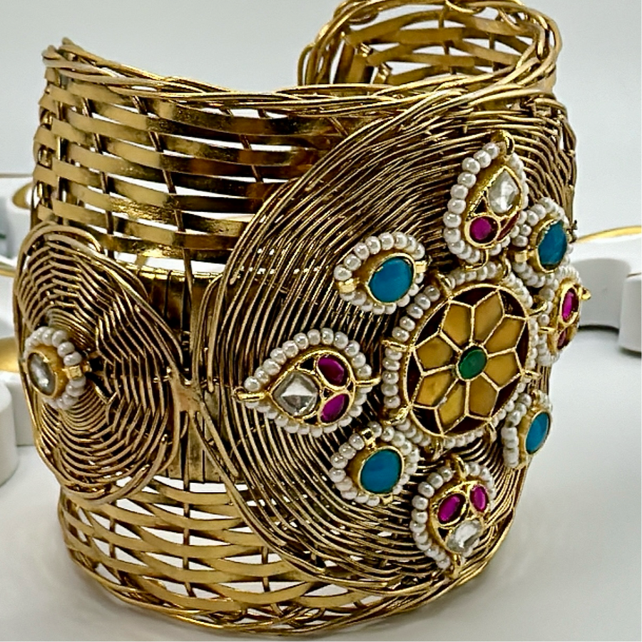 Multi Paachi Motifs Silver Lookalike Gold Cuff(One Size Fits All)