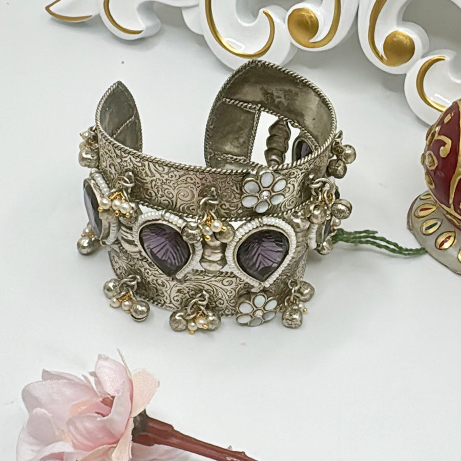 Purple Silver Lookalike Cuff Bracelet With MOP Flower Motifs