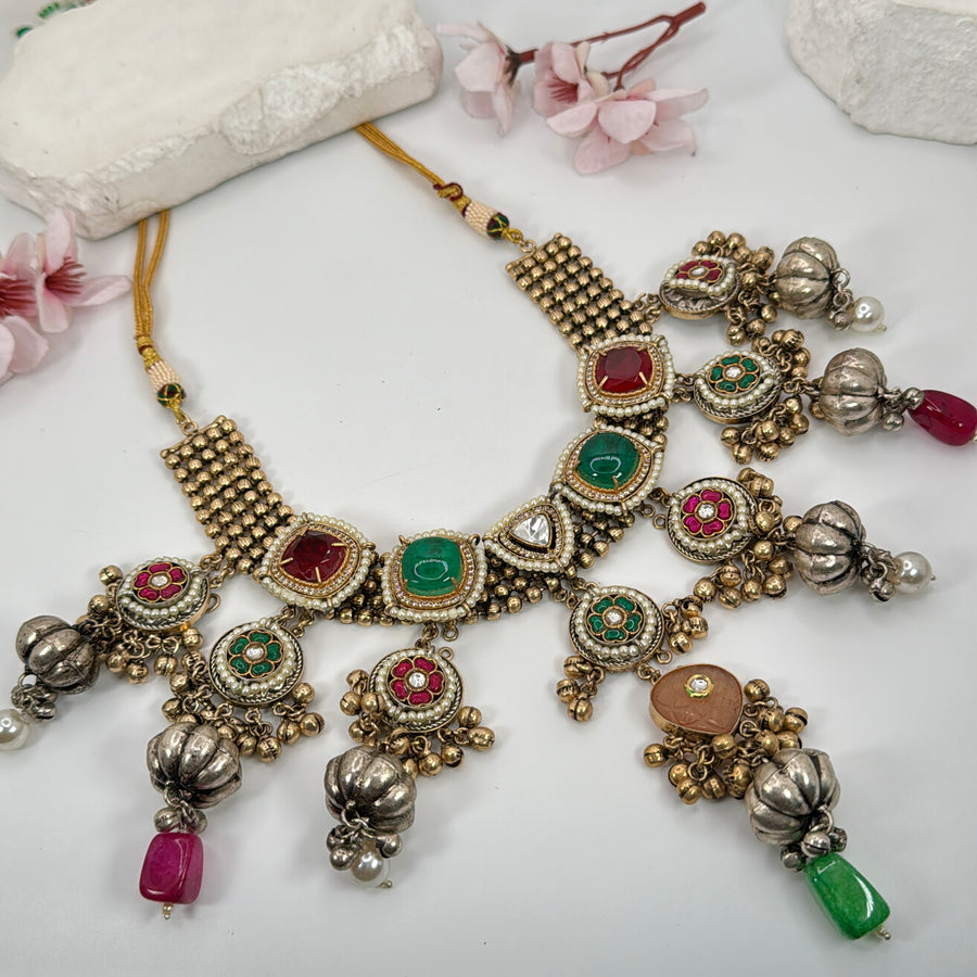 Multi Dual Tone Silver Lookalike Paachi Motifs Statement Necklace