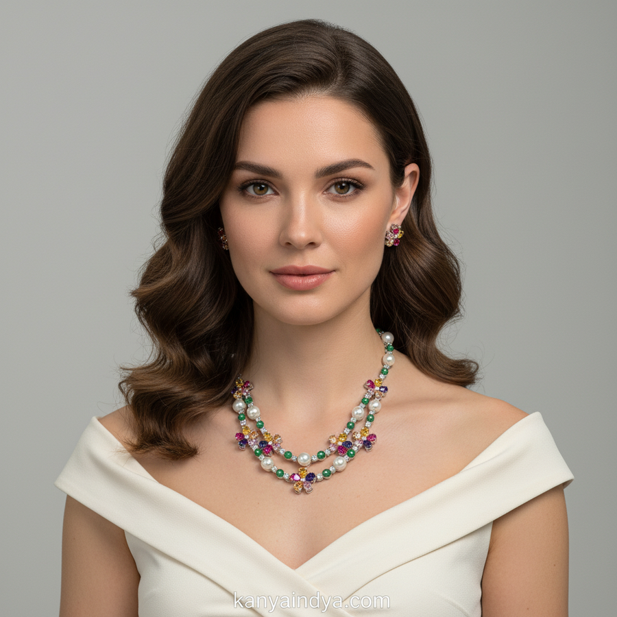 Multi Pearls & Swarovski Two Layer Necklace Set