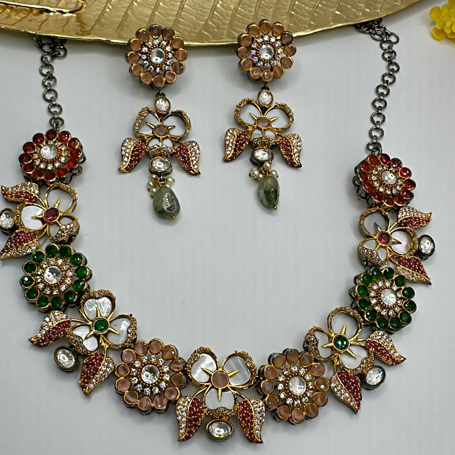 Multi Contemporary Fusion MOP Flower Necklace Set