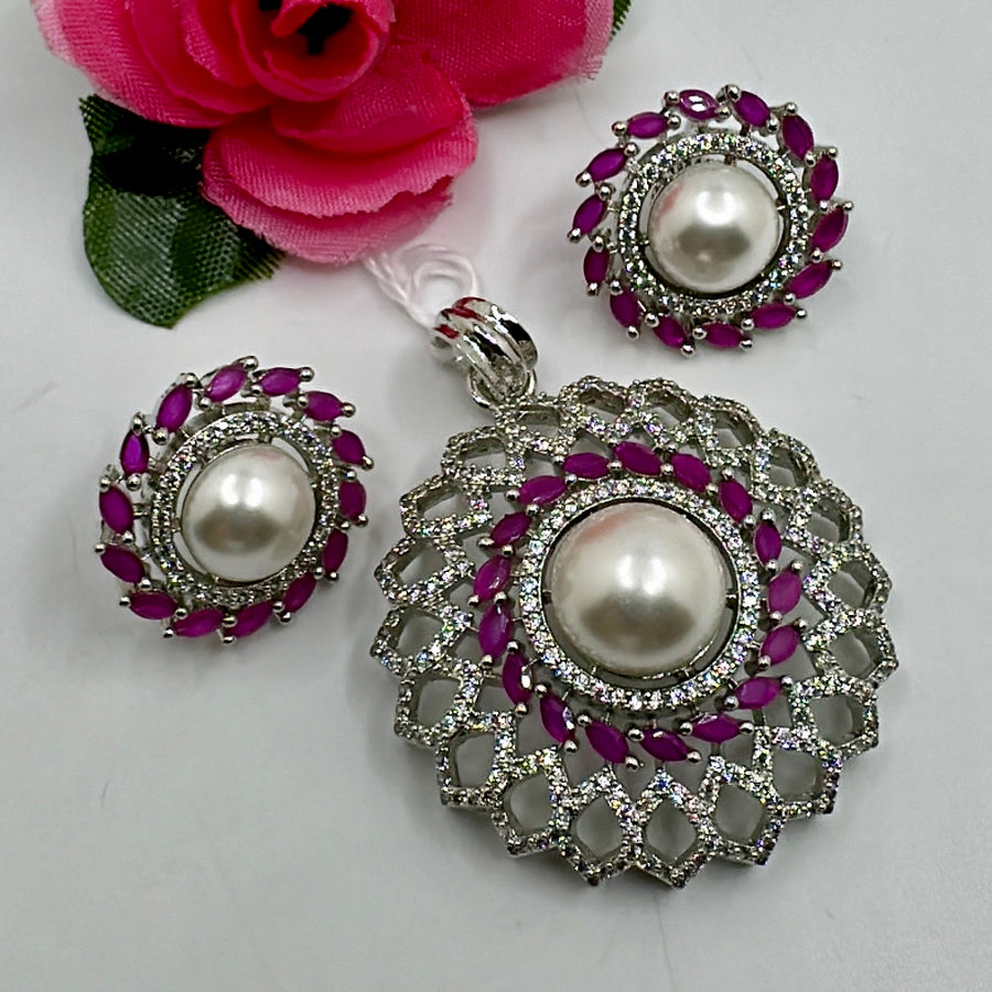 Ruby And Pearl American Diamond Pendant Set