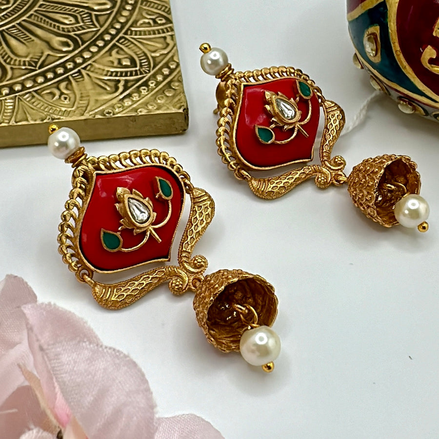 Red Coral Jhumka Earrings