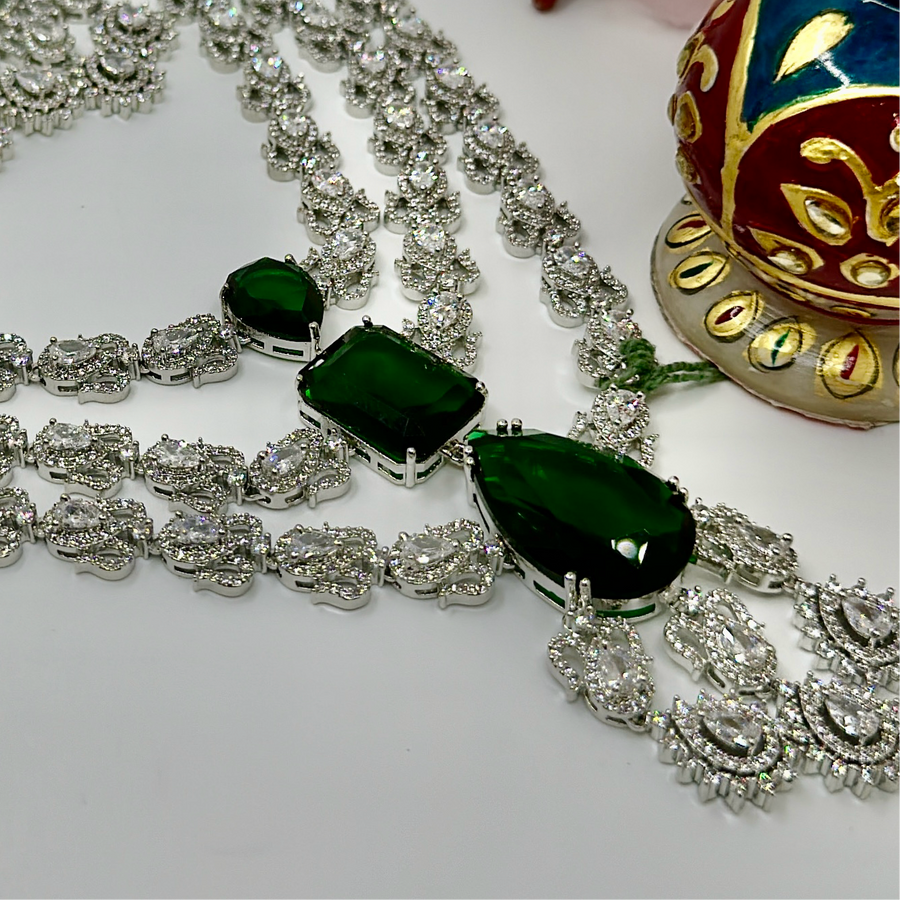 Green American Diamonds Three Layers Necklace Set