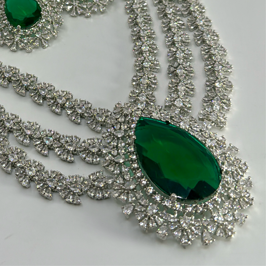 Green American Diamonds Nita Ambani Inspired Statement Necklace Set