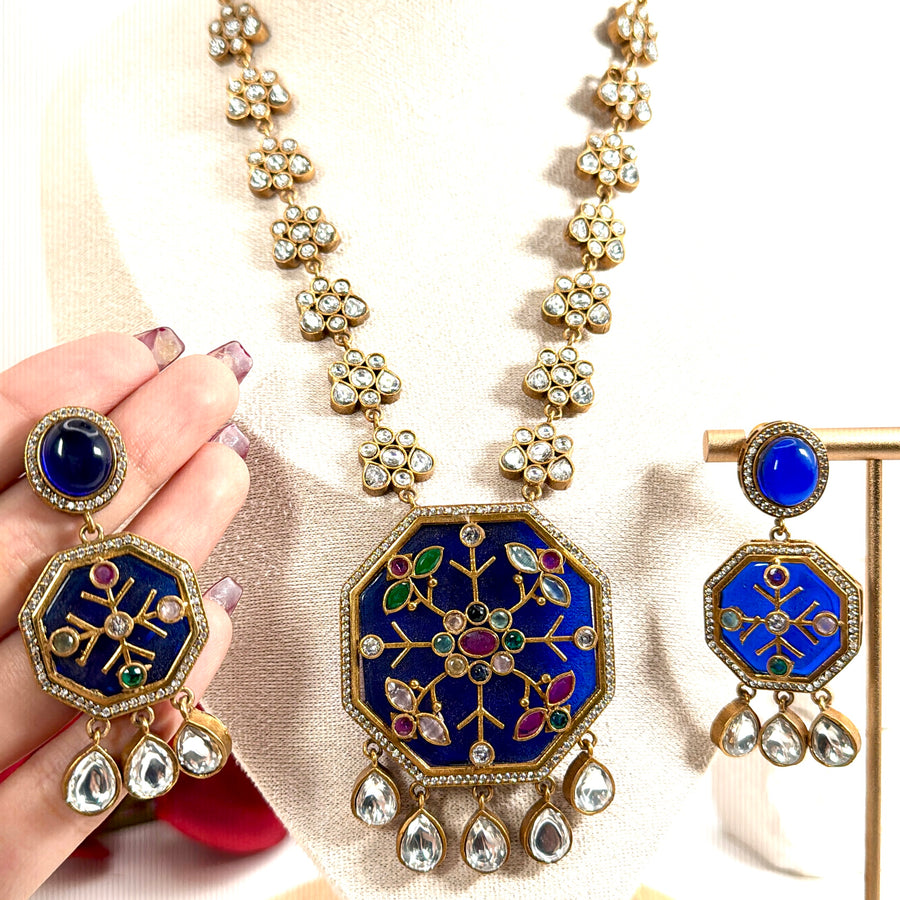 Blue Glass Stone With Inlay Work Moissanite Necklace Set