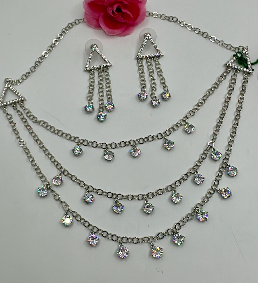 Clear American Diamond silver Polish Dainty Necklace Set