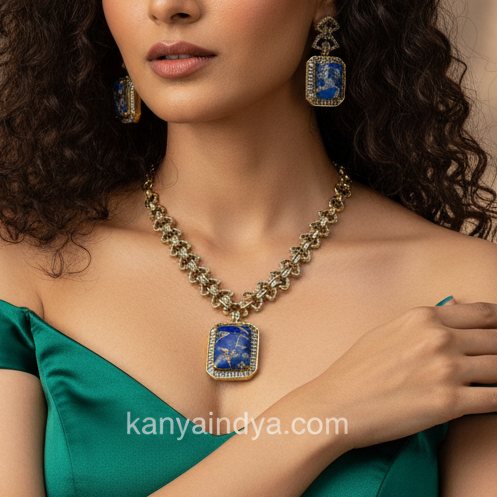 Blue Marble Stone Baguette Cubic Zirconia Necklace Set