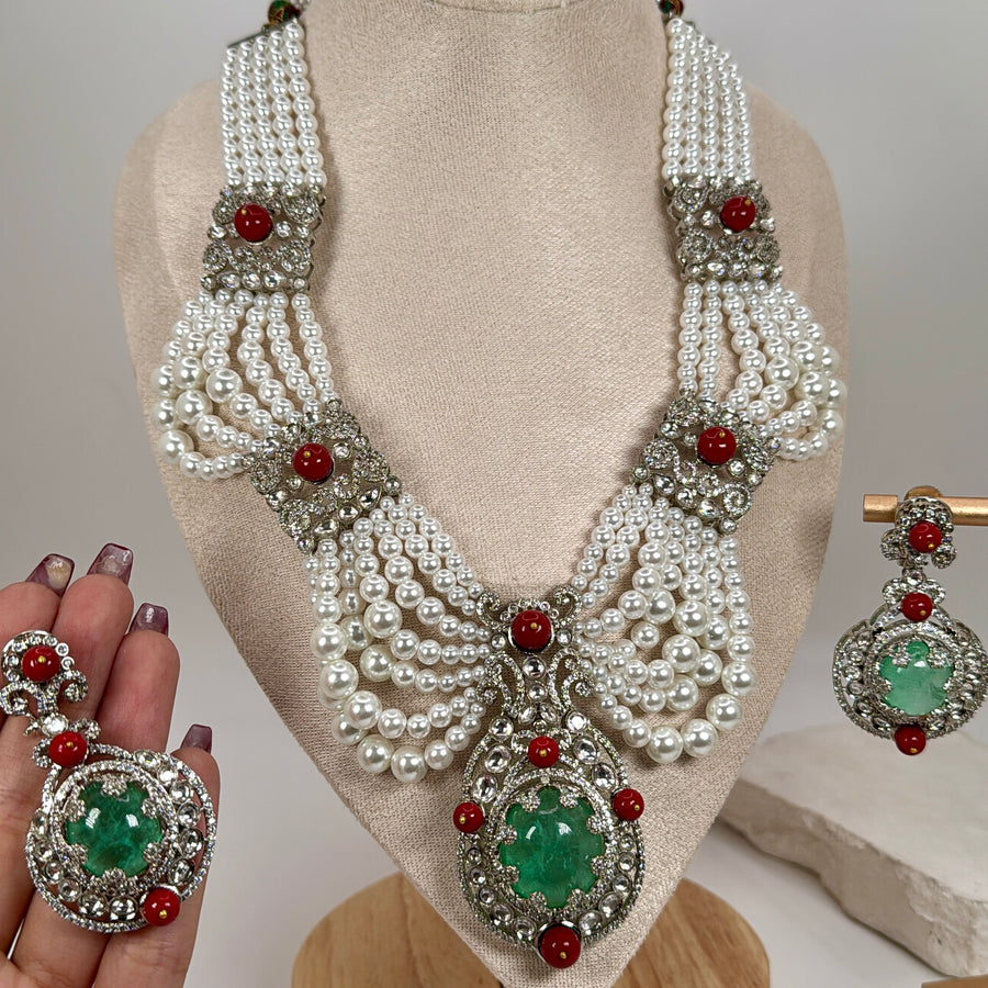 Mint & Ruby Marble Doublet & Pearl Long/Short Statement Necklace Set