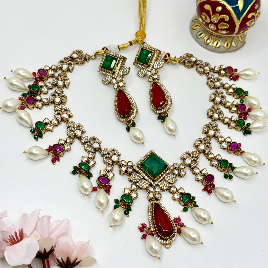 Green & Ruby Moissanite Kundan Necklace Set