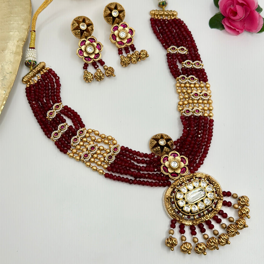 Ruby Red Antique Gold Kundan Long Necklace Set