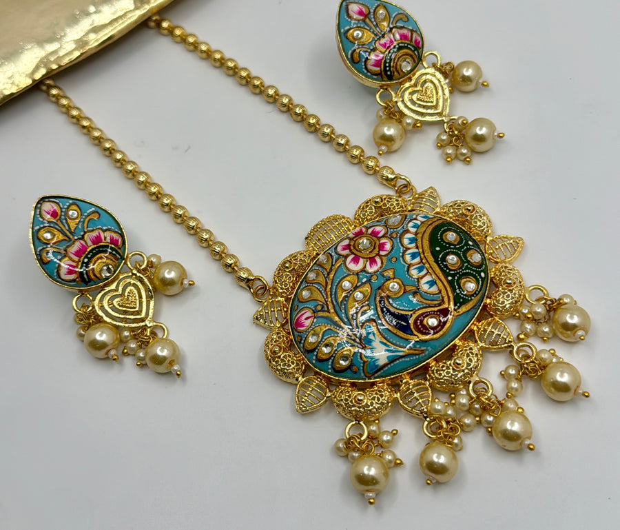 Turquoise Tanjore Pendant Set