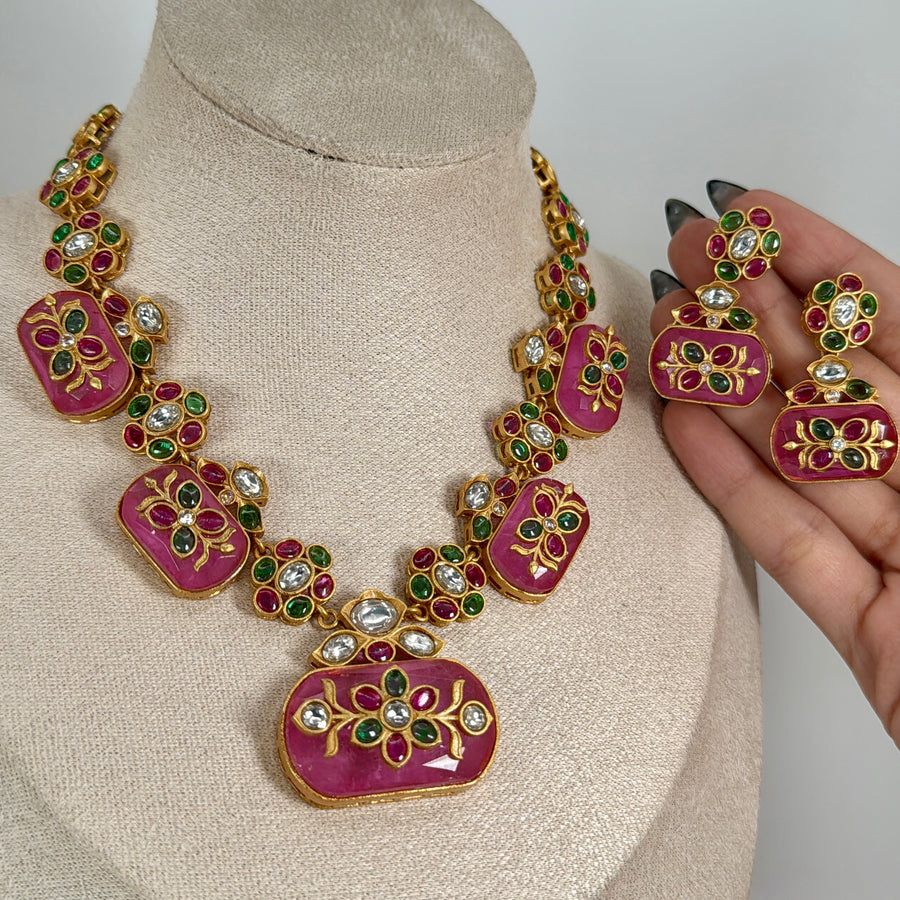 Pink Doublet Glass Stone With Inlay Work Necklace Set