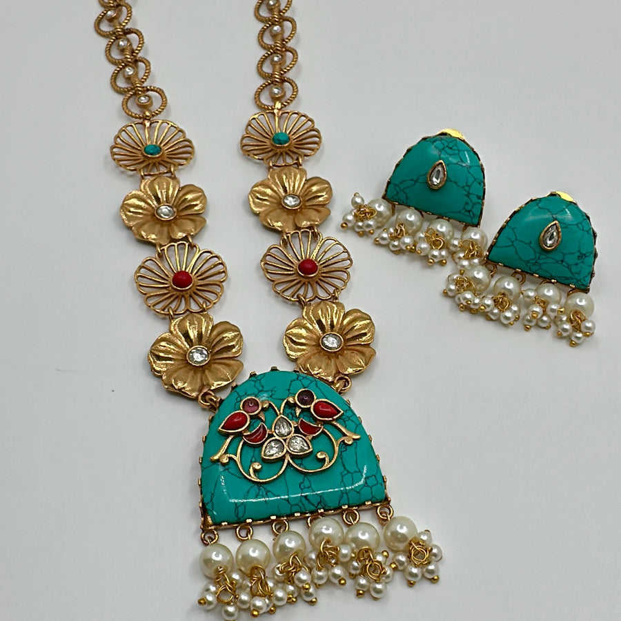 Turquoise Stone With Inlay Work Silver Lookalike Gold Long Necklace Set