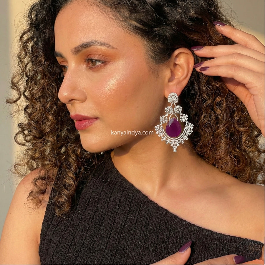 Purple Doublet & Cubic Zirconia AAA Cut American Diamonds Statement Earrings (Approx. Length 3 Inches)