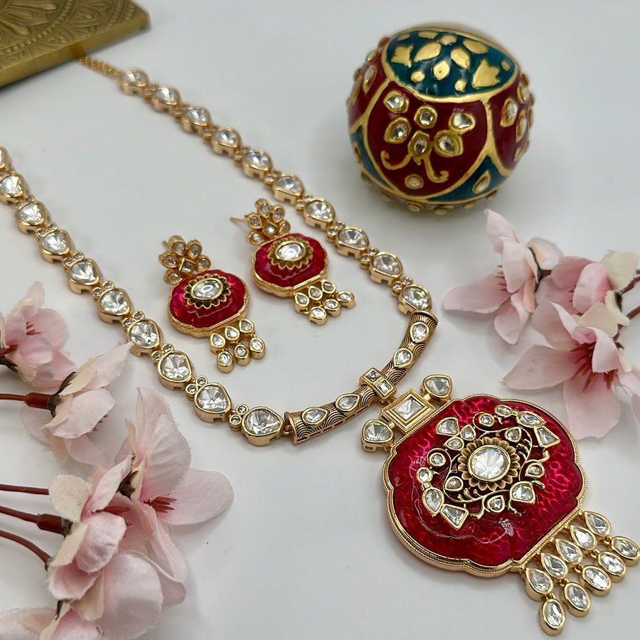 Hot Pink Crystal Stone With Inlay Work & Premium Kundan Necklace Set