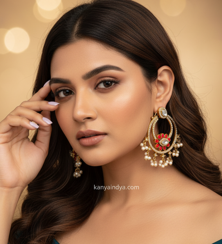 Coral Red Pearl Moissanite Chand Bali Earrings