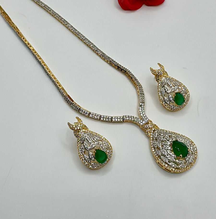 Green American Diamonds Dainty Necklace Set