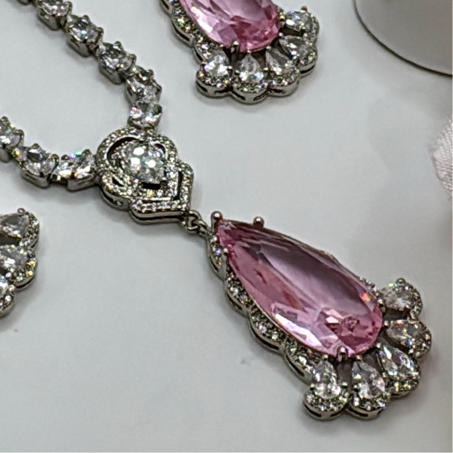 Pink Dainty Doublet American Diamonds Necklace Set