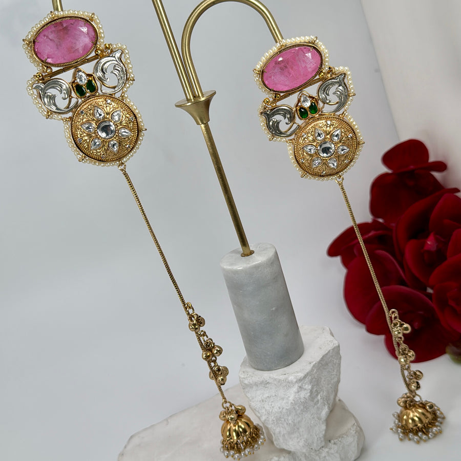 Pink Doublet Silver Lookalike Gold Moissanite Kashmiri Earrings