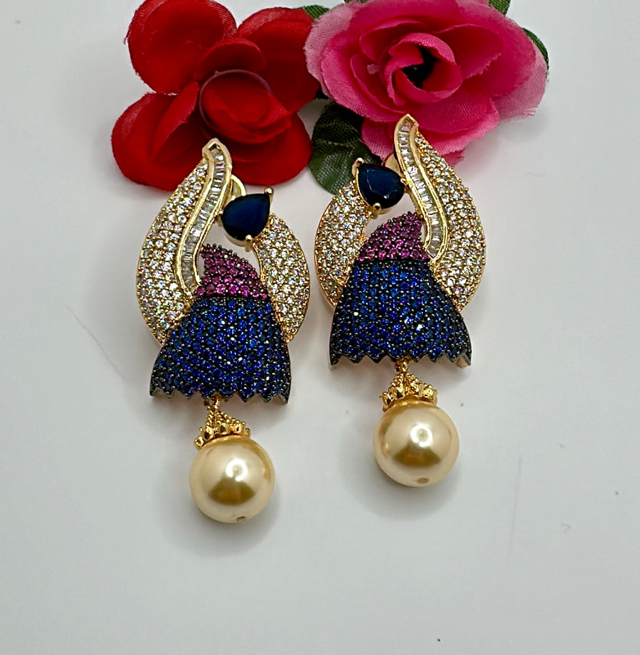 Blue And Ruby American Diamond Bird Earrings