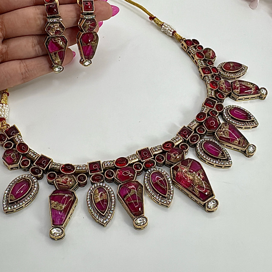 Hot Pink Marble Stone Metallic Doublet Necklace Set