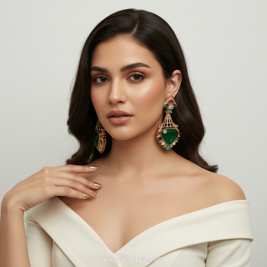 Green Doublet and Navratan Multi Jadau Earrings