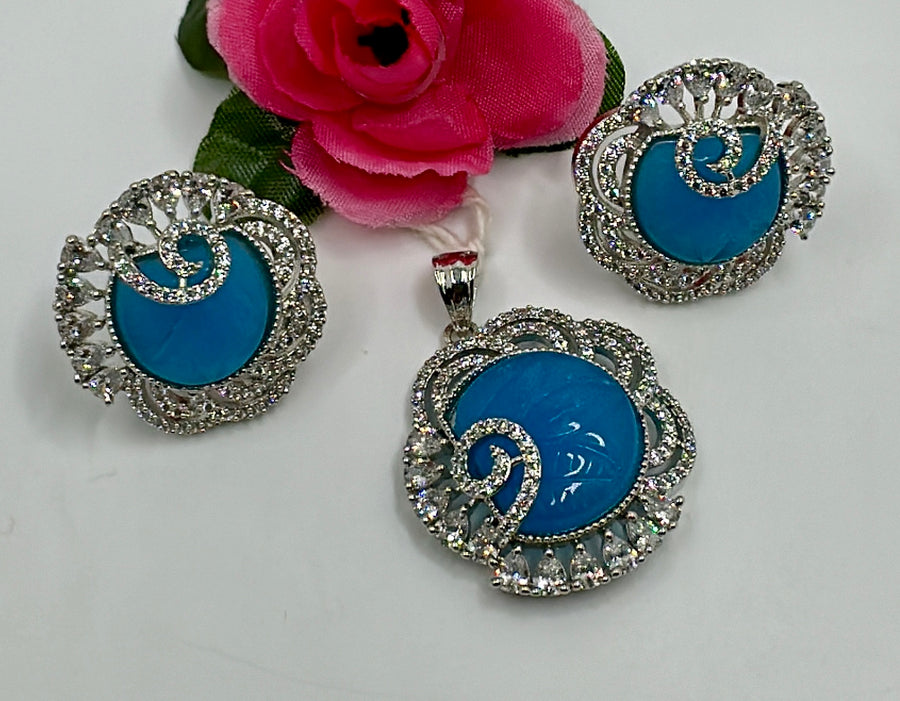 Turquoise American Diamonds Inlay Stone Pendant Set