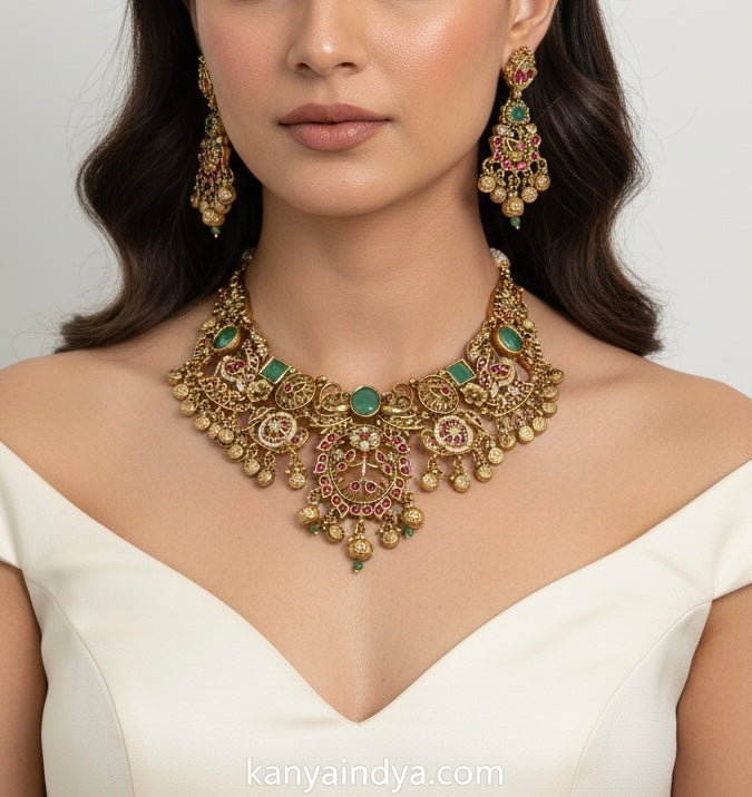 Multi Mint & Ruby Antique Gold Heritage Choker Necklace Set