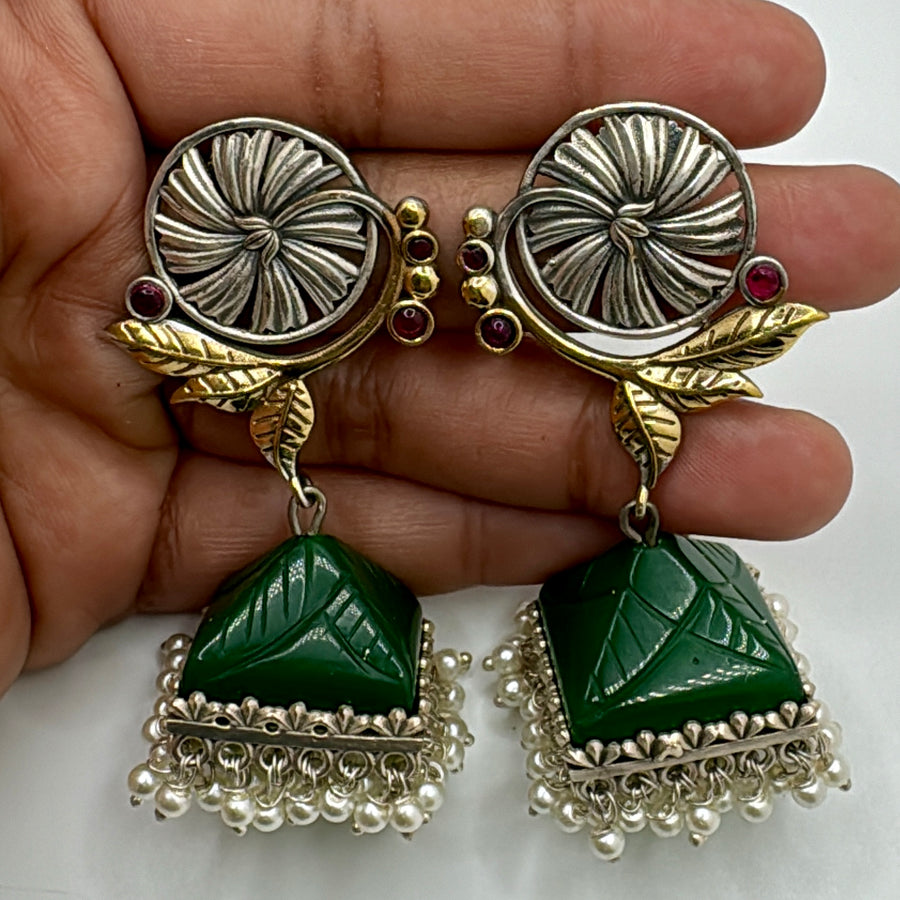 Green Carved Stone Dual Tone Silver Lookalike Jhumka