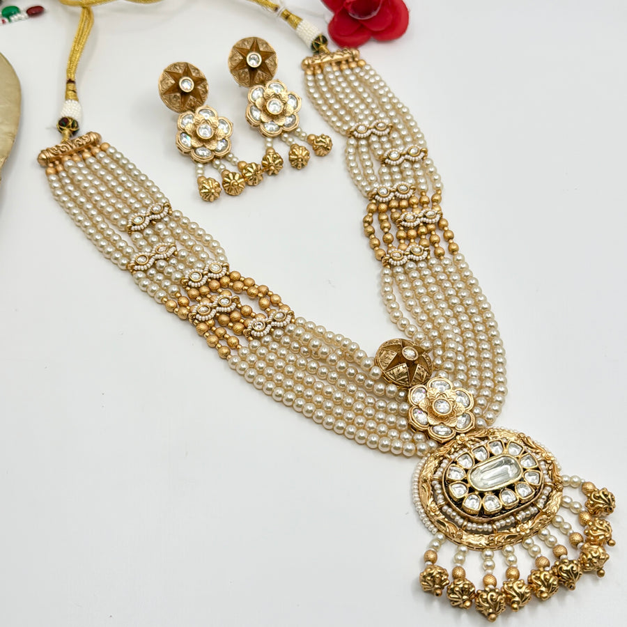 White Antique Gold Pearls & Kundan Long Necklace Set