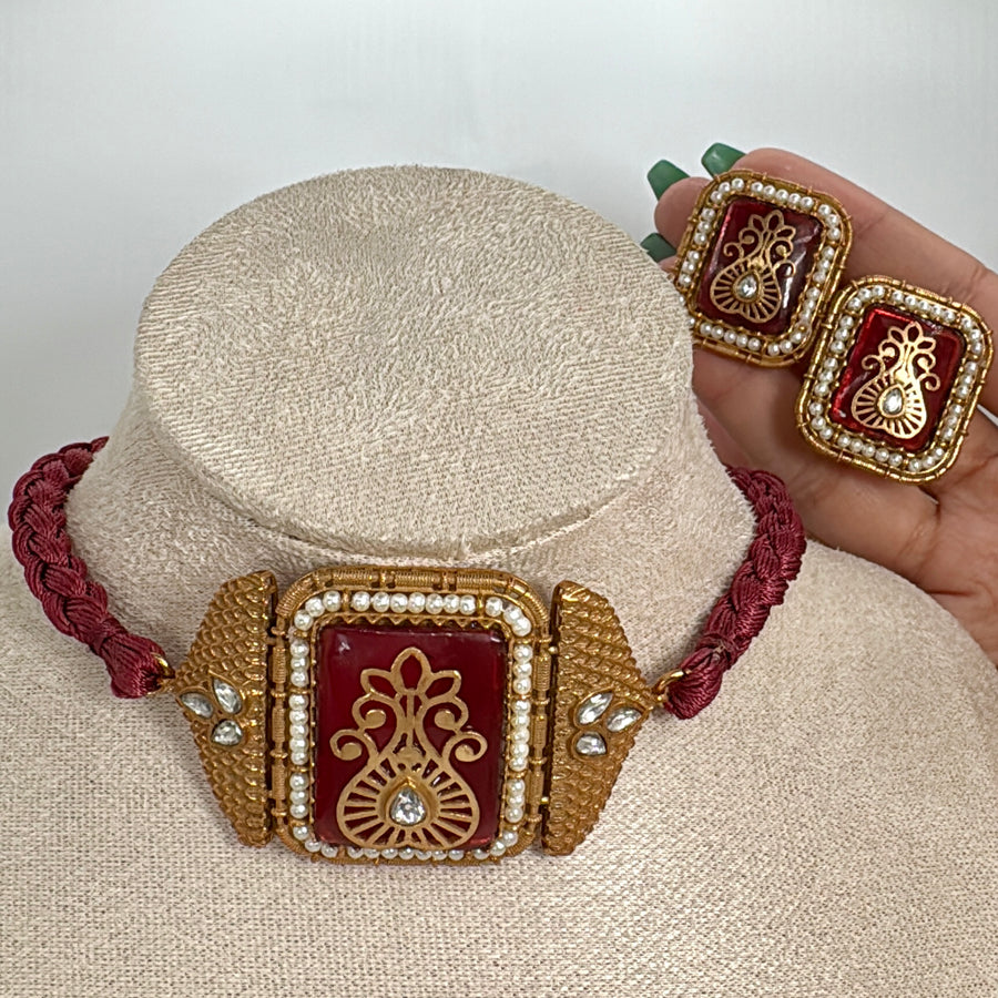 Ruby Apala Inspired Glass Stone With Inlay Work Dori Choker Necklace Set