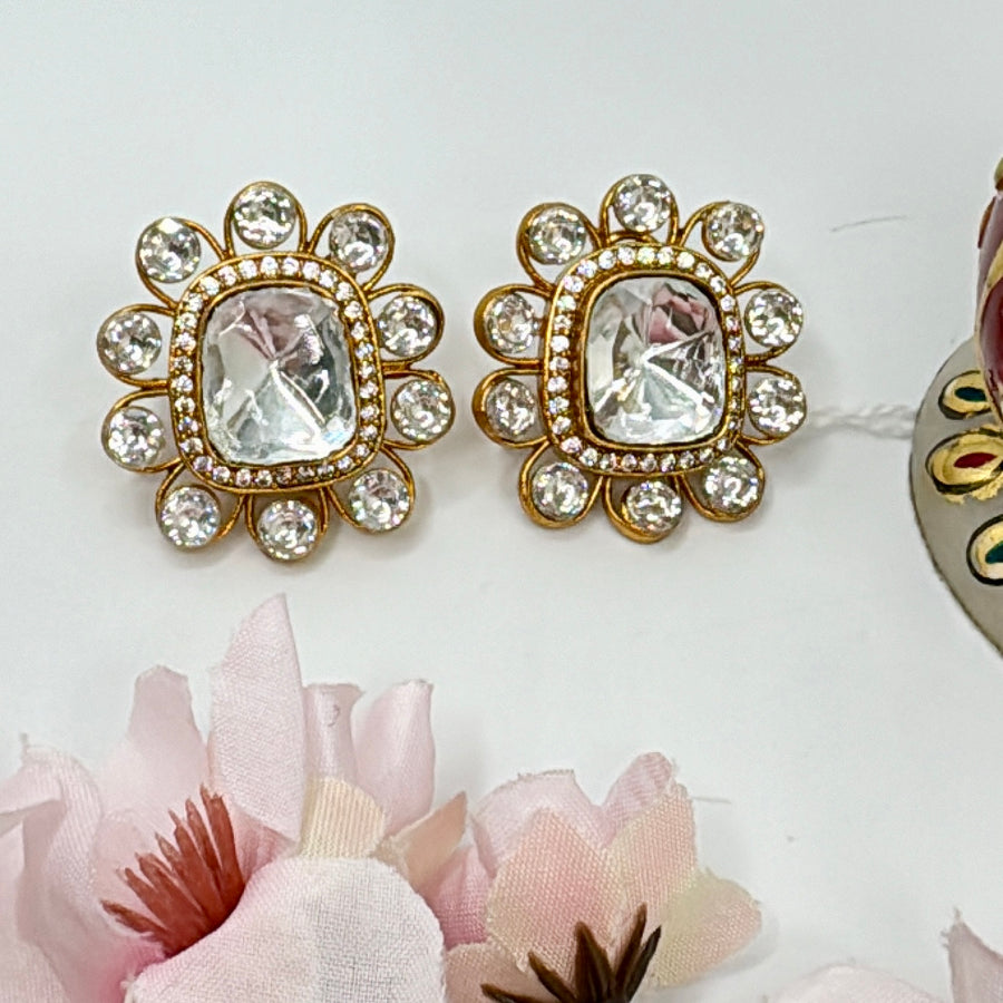 Clear Moissanite Kundan Stud Earrings