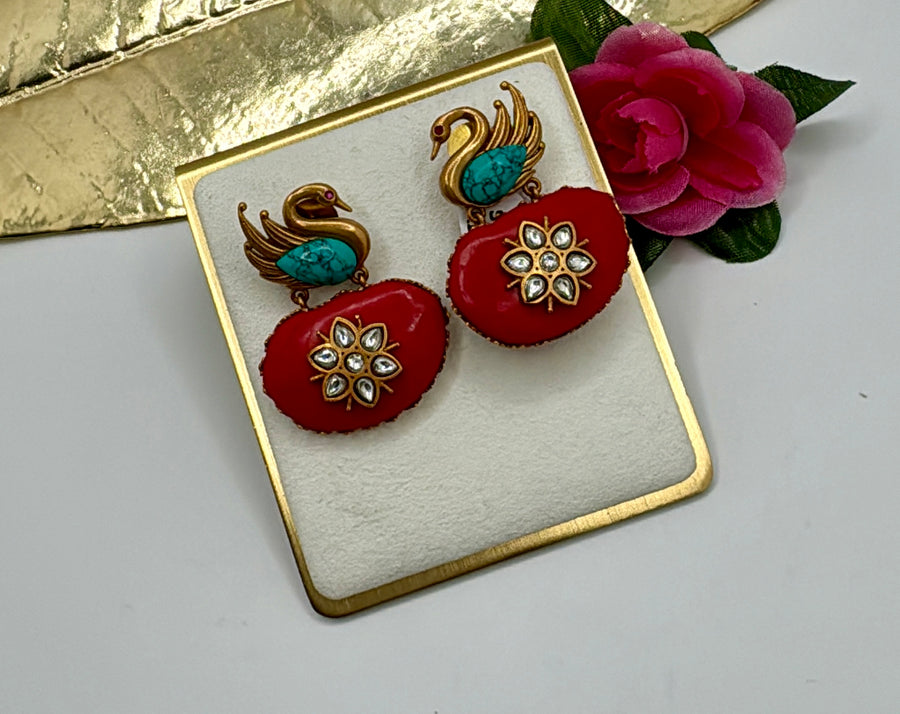 Red and Turquoise Swan Inlay Earrings