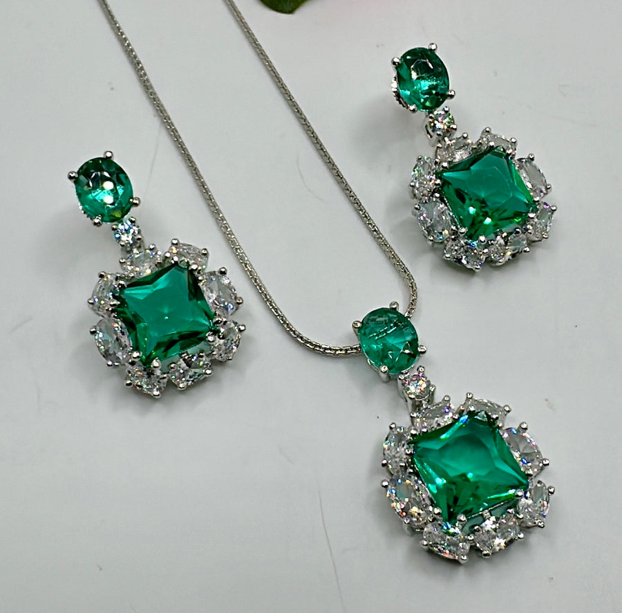 Teal American Diamonds Pendant Set