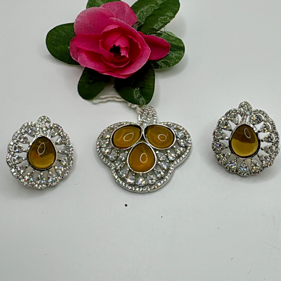 Yellow American Diamonds Pendant Set With Chain