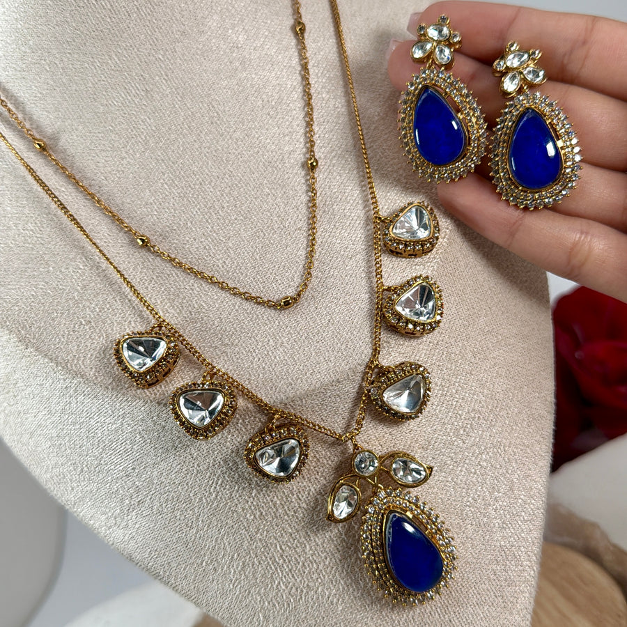 Blue Moissanite Two Layer Necklace Set