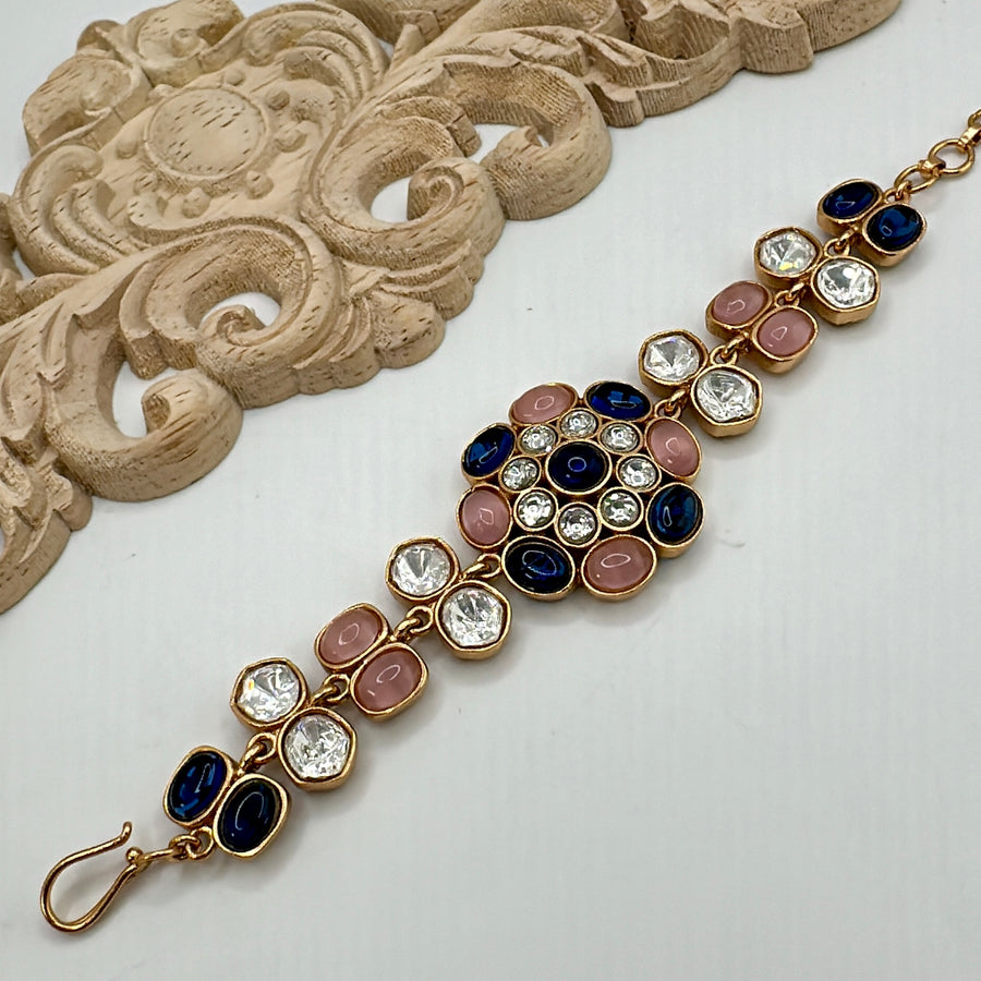 Pink & Blue Moissanite Kundan Adjustable Bracelet(One Size Fits All)