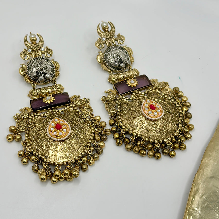 Ruby Silver Lookalike Antique Gold Jhumka