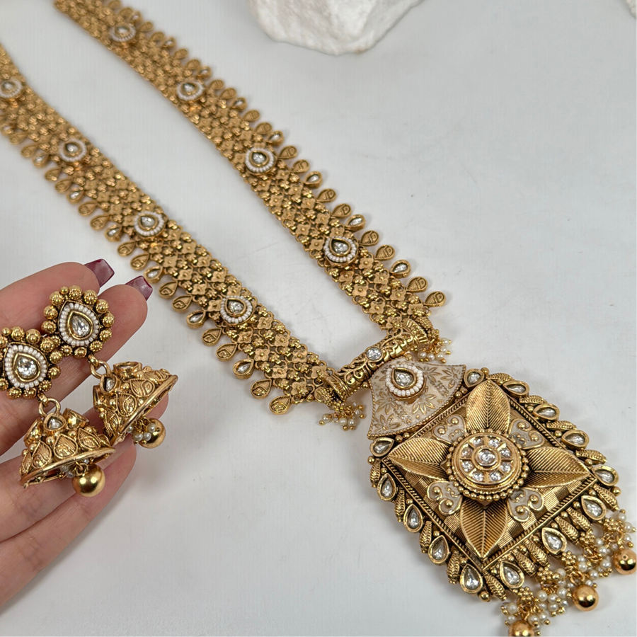 Clear Antique Gold Meenakari Kundan Long Necklace Set