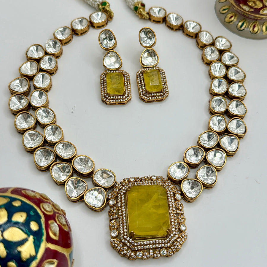 Yellow Doublet &  Moissanite Kundan Two Layers Necklace Set