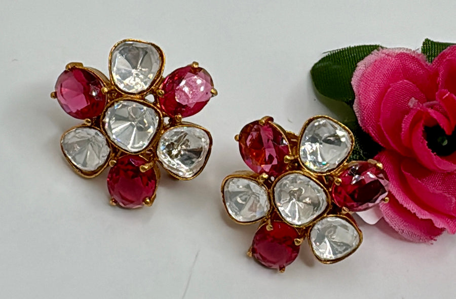 Ruby And Clear Moissanite Flower Studs