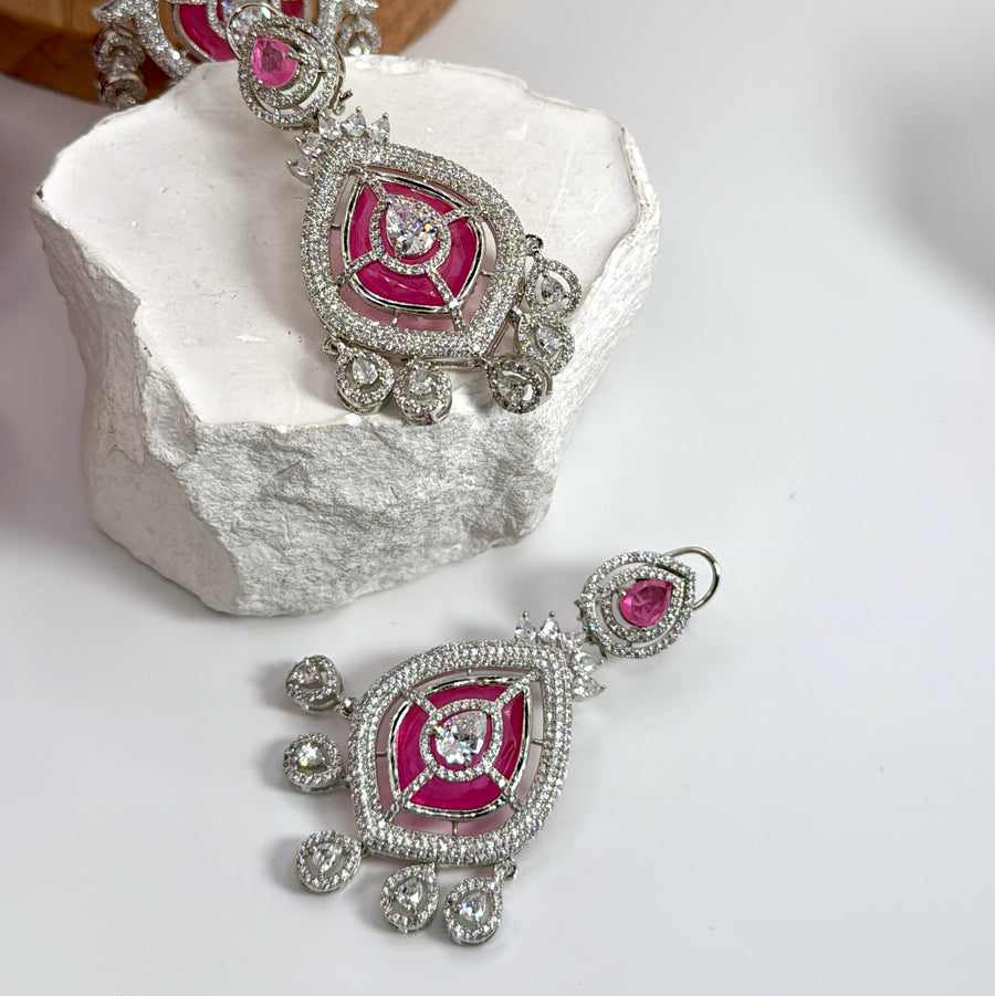 Hot Pink Doublet & Cubic Zirconia Two Layer Statement Necklace Set