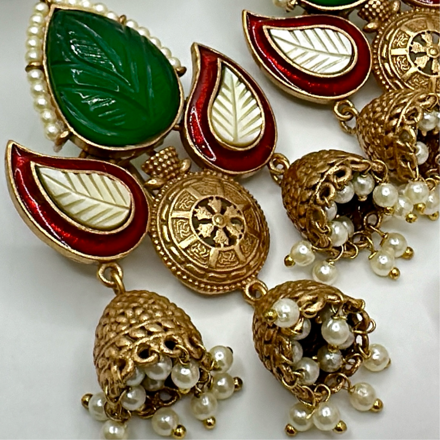 Green & Red MOP Silver Lookalike Antique Gold Jhumka Earrings