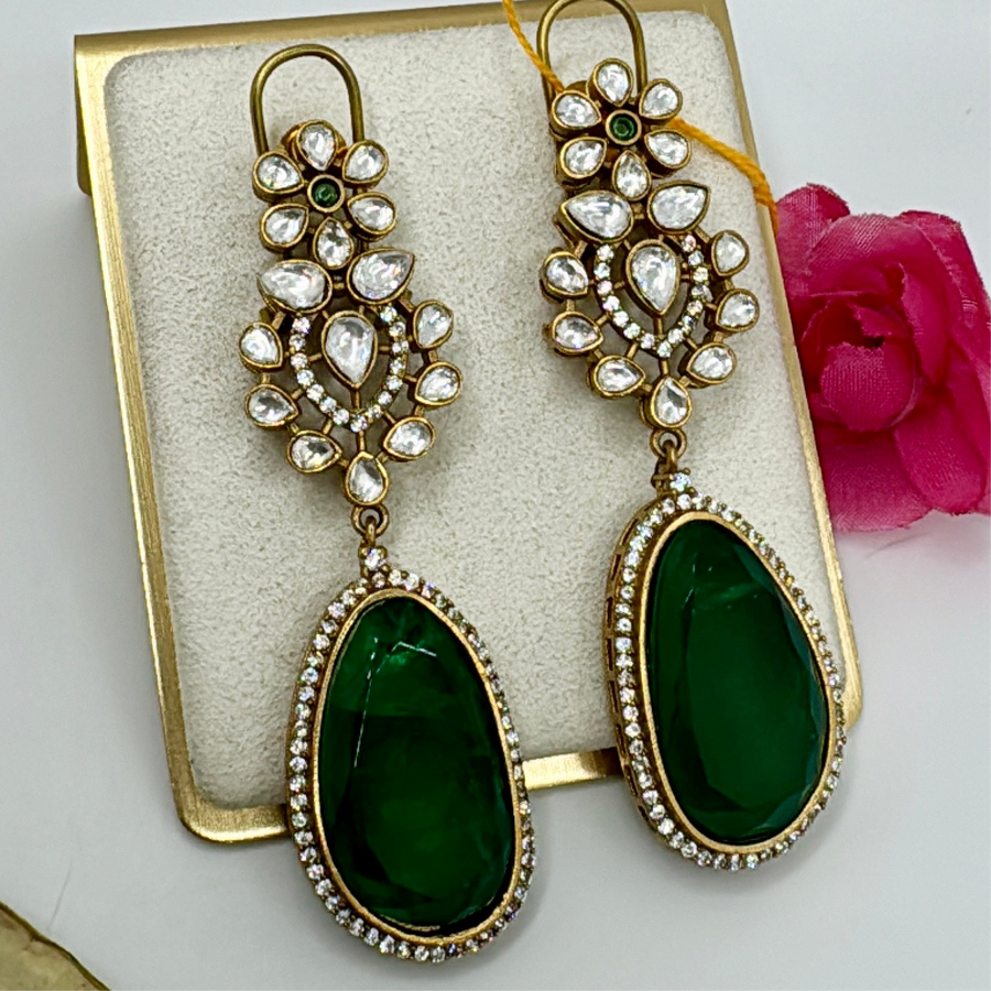 Green Doublet Moissanite Kundan Statement Earrings