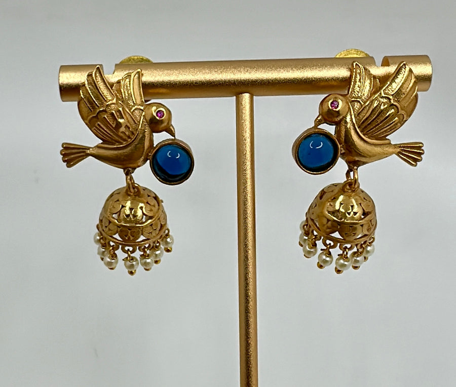 Blue Gold Lookalike Bird Jhumka