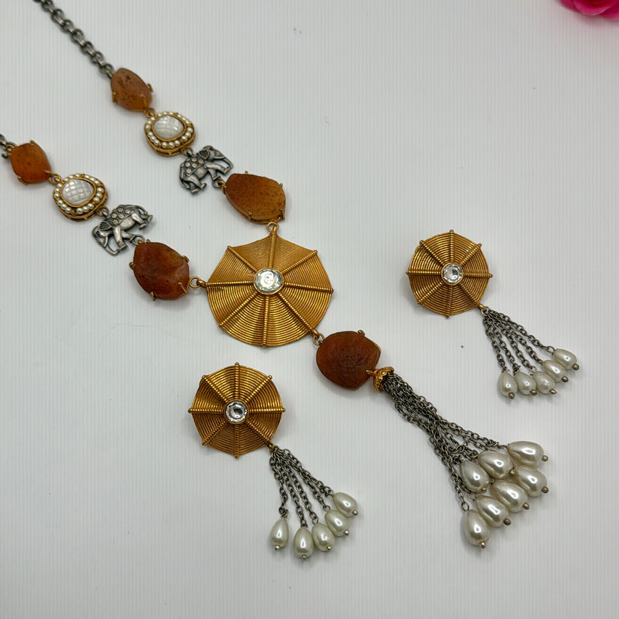 Orange Silver Lookalike Long Necklace Set