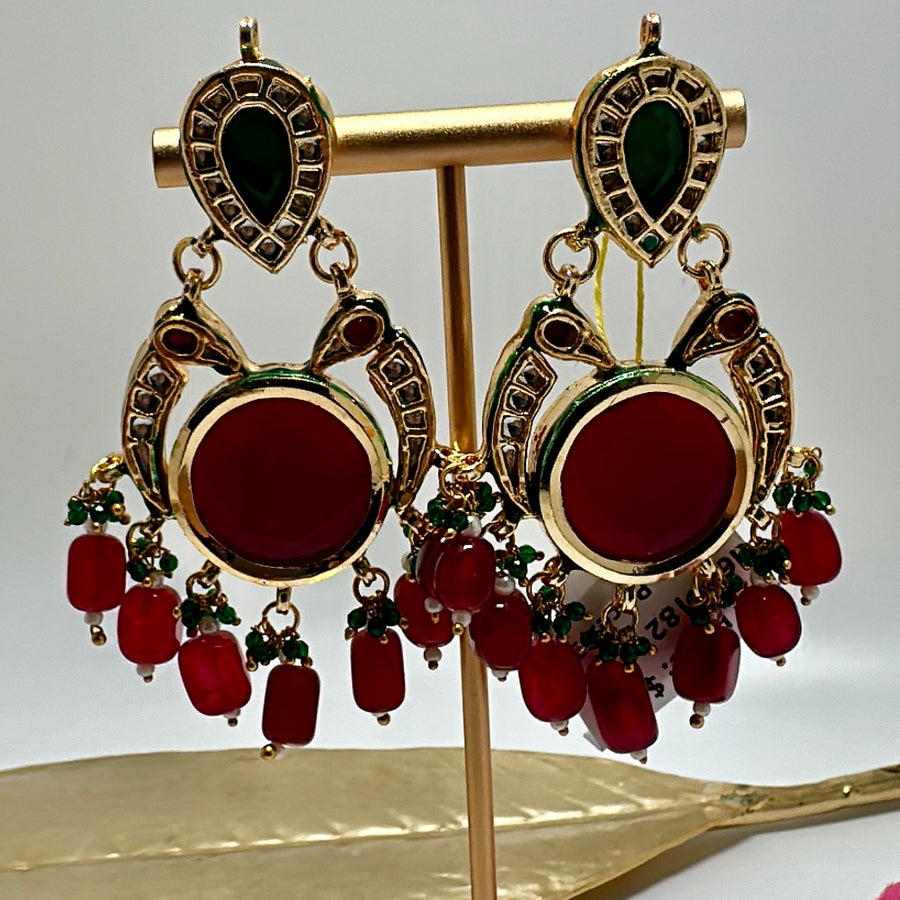 Ruby & Green Kundan Chand Bali Earrings