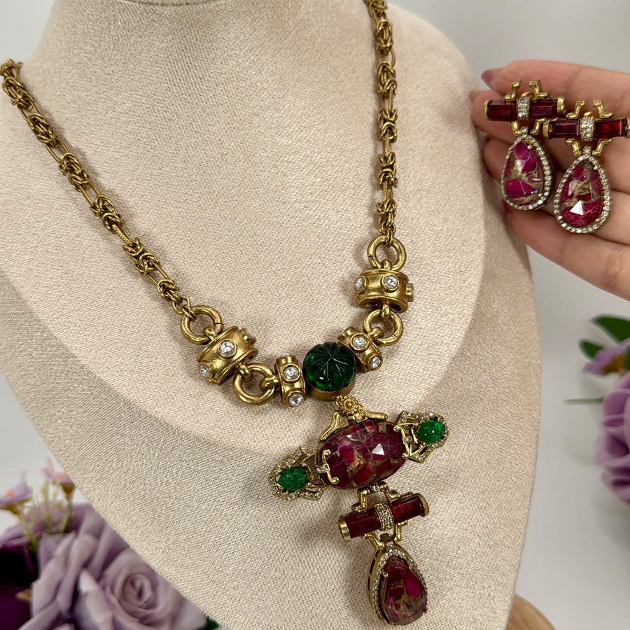 Ruby Multi Marble Doublet Silver Lookalike Gold Long Necklace Set